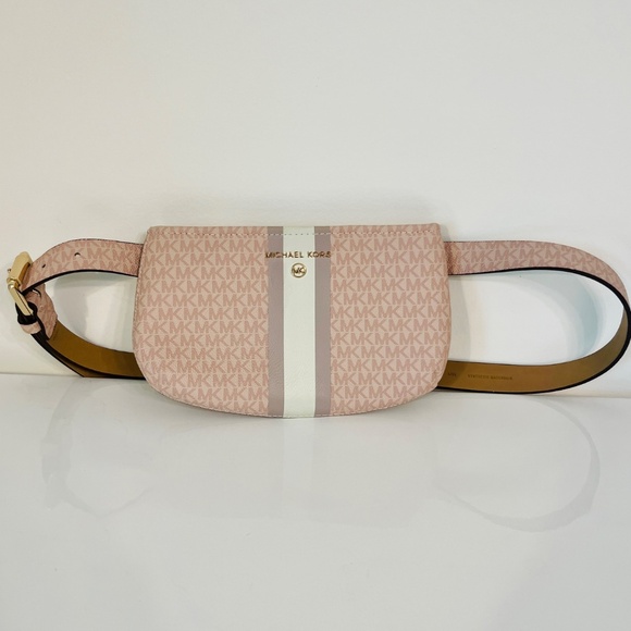 MICHAEL KORS Signature Stripe Fanny Pack/ Crossbody Bag, Pink w/ MK Logo - NWT - Picture 2 of 16